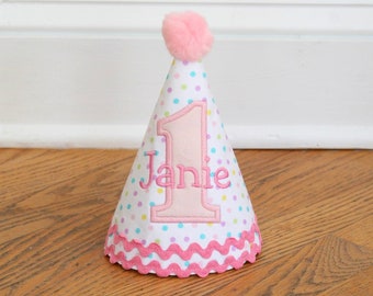 First birthday girl | Pink gingham birthday | Custom birthday hat | Handmade birthday hat | Personalized party hat | Vintage birthday girl