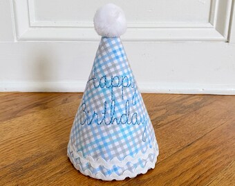 1st birthday boy - Boy party hat - SHIPS NEXT day - Blue gingham birthday - Happy Birthday party hat - Boy birthday hat - Party hat