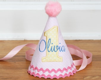 First birthday girl | Pastel girl birthday | Fabric birthday hat | Handmade birthday hat | Personalized party hat | Baby keepsake