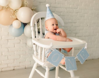 1st birthday boy HAT and BANNER - Boy party hat - Ships NEXT day - Blue gingham birthday - Happy Birthday party hat - Boy birthday hat