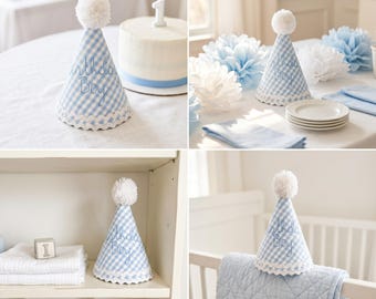 Party Hat | Boy First Birthday - Birthday Boy - Boy party hat - SHIPS NEXT day - Blue gingham birthday - Boy birthday hat
