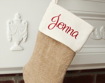BLACK FRIDAY Handmade Burlap Christmas Stocking - Cream and Red - Monogramming - Farmhouse decor - Farmhouse Christmas