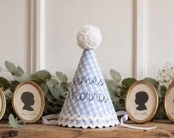 First Birthday Boy Party Hat | Blue Gingham, Seersucker Fabric | Handmade Heirloom Embroidery