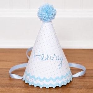Personalized First Birthday Party Hat: Blue Polka Dot, Handmade