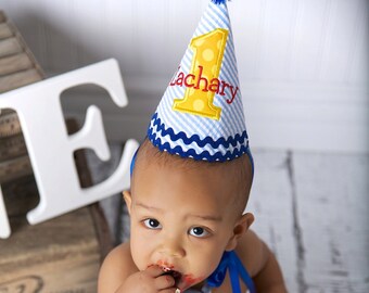 Boys First Birthday Party Hat - Blue, red, and yellow - Seersucker stripes and Michael Miller sunny dots - Free personalization