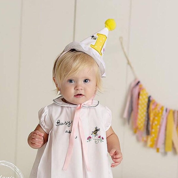 Girl First Birthday Hat - Bee first birthday - Proper Peony bee dress - 1st girl party hat - Girl cake smash