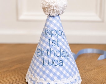 First Birthday Boy Party Hat | Blue Gingham, Seersucker Fabric | Handmade Heirloom Embroidery