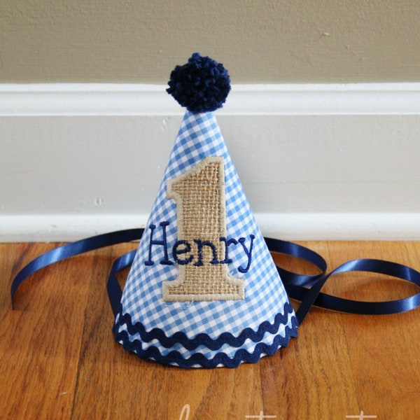 First Birthday boy - Blue gingham and burlap - Rustic birthday - Boy party hat - Boho baby birthday - Baby birthday hat