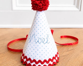 Personalized First Birthday Party Hat: Blue Polka Dot, Red Embroidery, Custom Handmade Keepsake