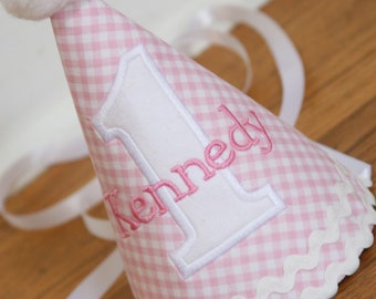 1st Birthday Party Hat | Pink Gingham Cake Smash Hat | Personalized Name & Age | First Birthday Photo Prop