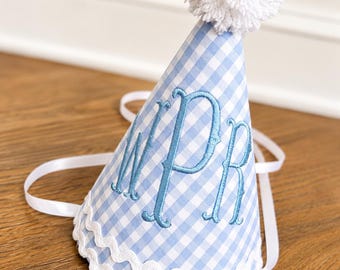First Birthday Boy Party Hat | Blue Gingham Handmade Embroidery | Monogram Initials Birthday Decor