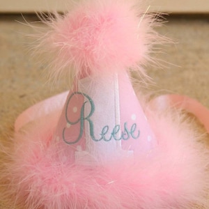 Girl first birthday hat Pink girl birthday Custom party hat Handmade birthday hat Personalized party hat Baby keepsake image 1