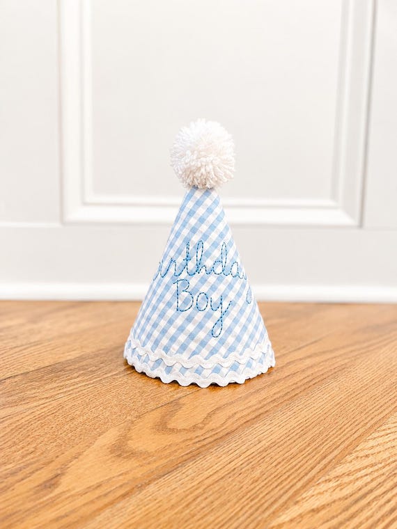 Party Hat | Boy First Birthday - Birthday Boy - Boy party hat - SHIPS NEXT day - Blue gingham birthday - Boy birthday hat