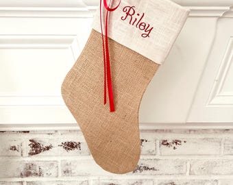 Handmade Burlap Christmas Stocking – Personalized Monogram, Red Satin Bow