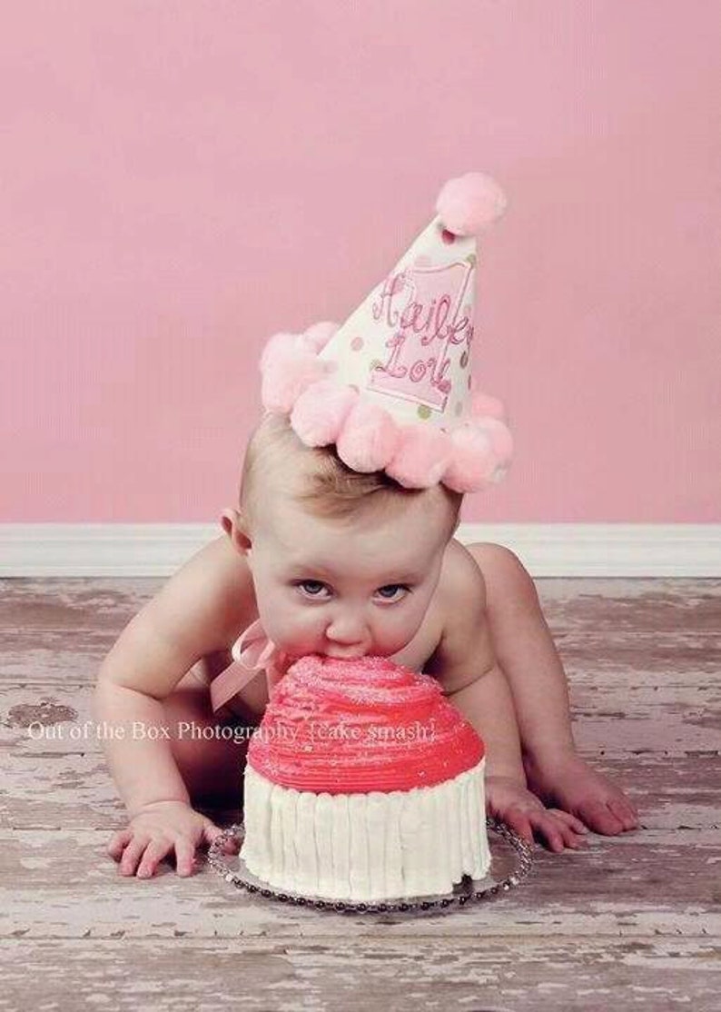 Girl first birthday hat Pink girl birthday Custom party hat Handmade birthday hat Personalized party hat Baby keepsake image 3