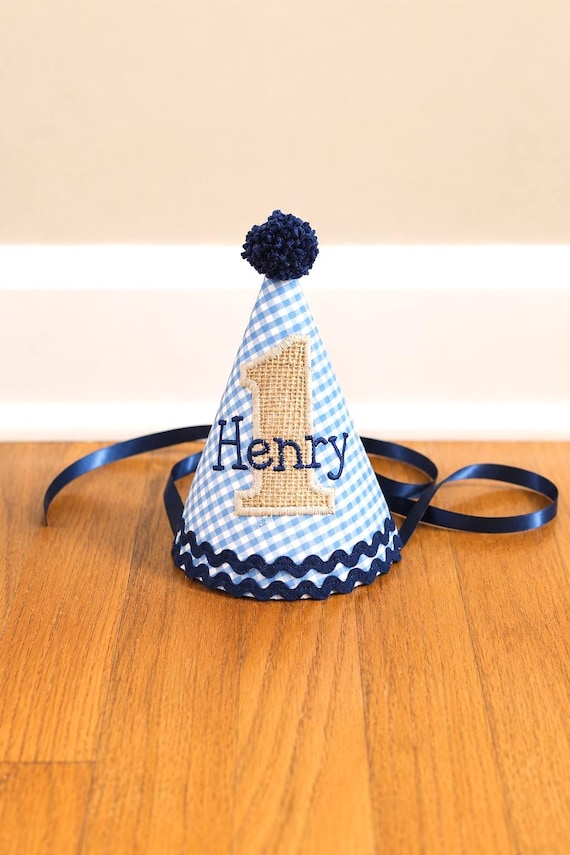 First Birthday boy - Blue gingham and burlap - Rustic birthday - Boy party hat - Boho baby birthday - Baby birthday hat