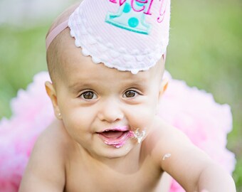 Girl First Birthday Hat - Pink and white stripes with aqua and hot pink accents - Michael Miller aqua ta dots fabric
