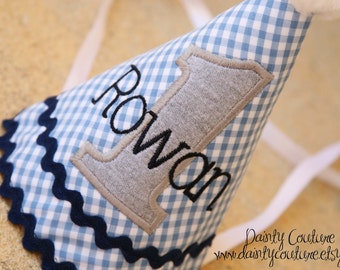 Boys Birthday Hat - Blue, grey, navy - Blue gingham with navy, grey, and white accents - Free personalization