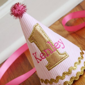 Girl first birthday hat Pink girl birthday Custom party hat Handmade birthday hat Personalized party hat Baby keepsake image 2