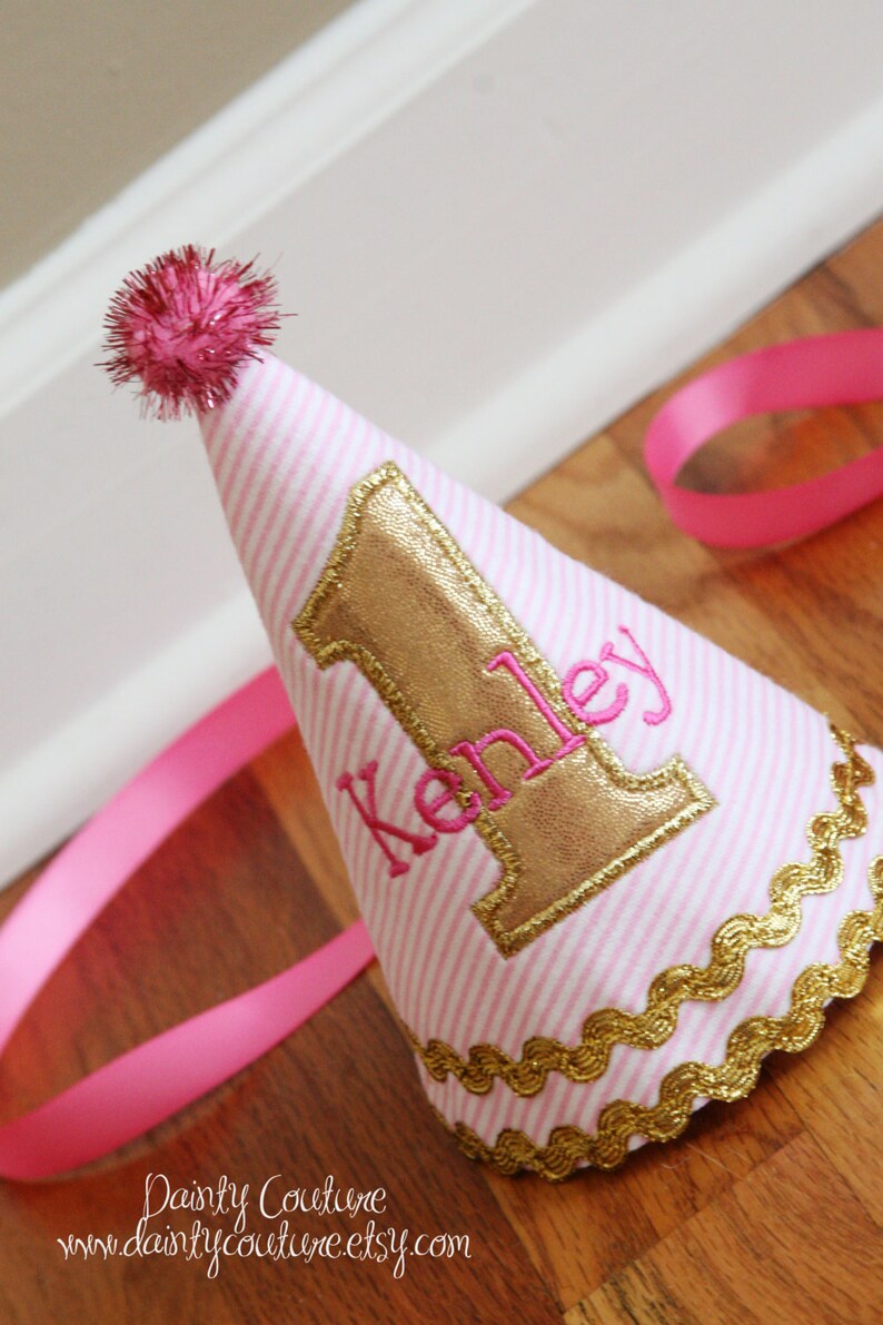 Girl first birthday hat Pink girl birthday Custom party hat Handmade birthday hat Personalized party hat Baby keepsake image 2