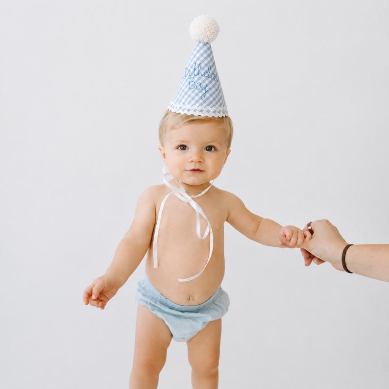May include: A light blue and white gingham party hat with a white pom-pom on top and the text "Birthday Boy" embroidered in blue thread. The hat features a scalloped white trim at the base and includes thin white ribbon ties for securing it.