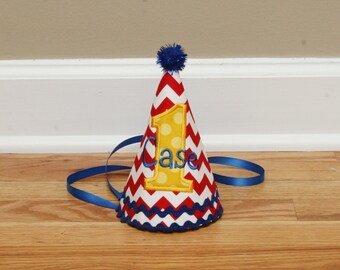 Boys 1st Birthday Party Hat - Blue, red, and yellow - Chevron and dots - Free personalization