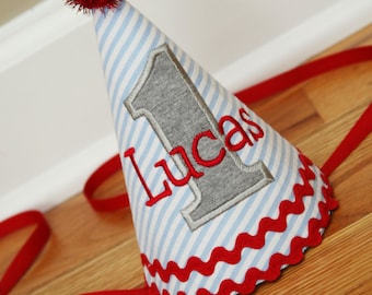 First Birthday Boy Hat - Blue stripes, red, and grey  - Free personalization