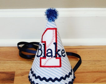 Baseball Birthday Hat - Baseball theme in Navy blue, red, and white - Free personalization