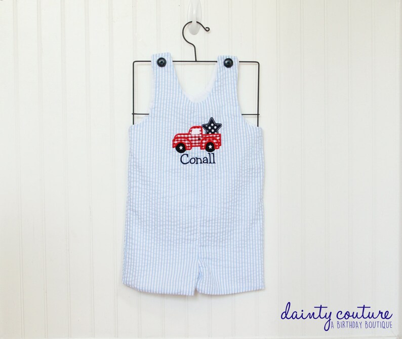 4th of July outfit white and blue romper Patriotic jon jon Beach romper Red free personalization Wedding shortall