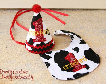 Boys first birthday hat -Cowboy theme in black, white, and red bandana - Free personalization - Keepsake