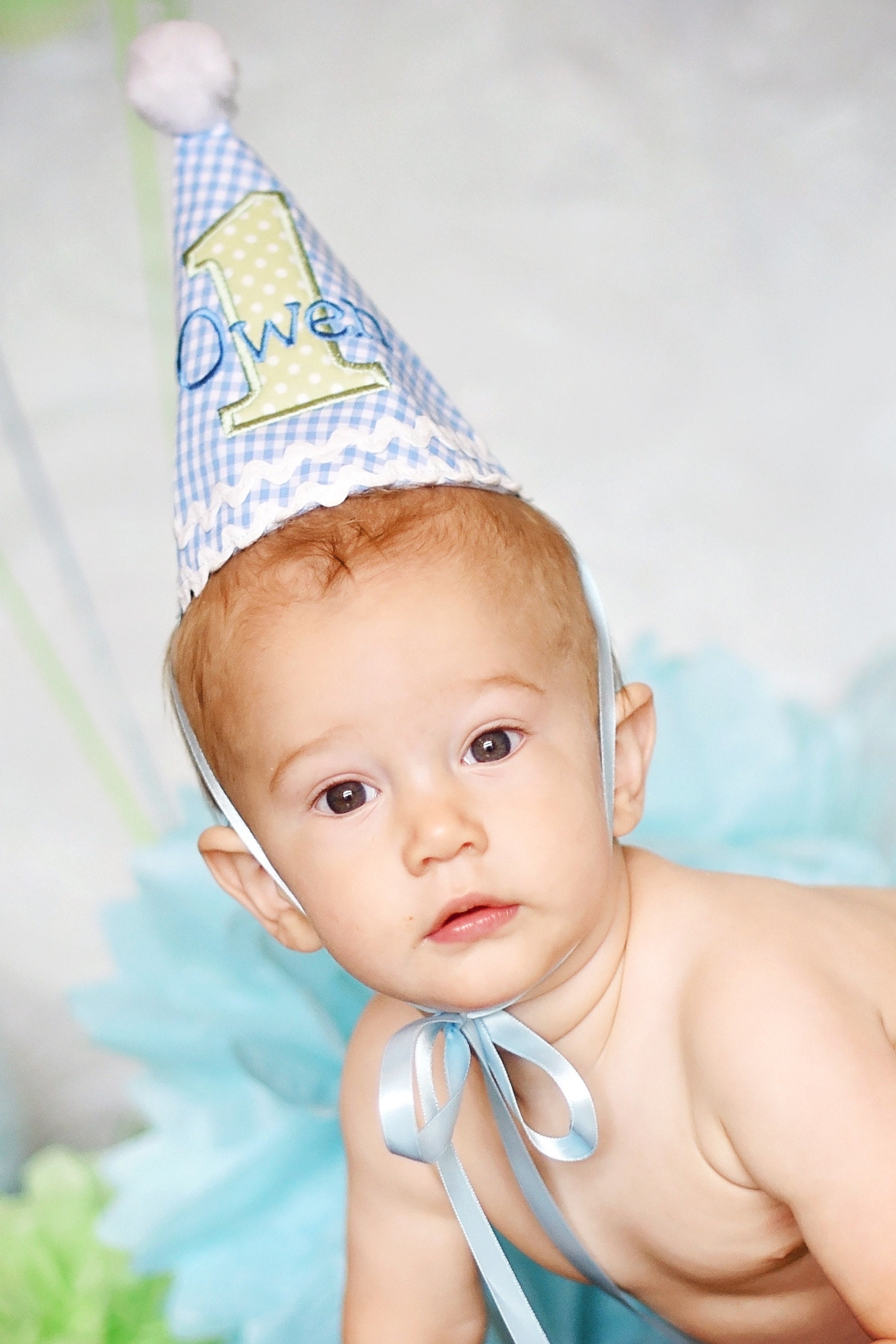 First Birthday Party Hat for Boys - Blue Gingham and Soft