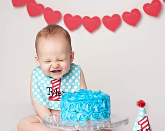 Valentine Birthday Party Hat and Bib - Darling aqua blue dots and red and white stripes - Michael Miller ocean dots