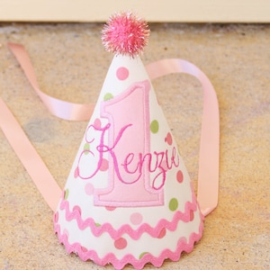 First Happy Birthday Hat | Ships NEXT DAY | Girl Party | Baby | Handmade Gift | Custom Decor | Pink Embroidery | Bow Personalized Floral