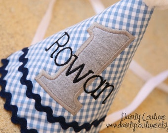 First Birthday Hat Boy | Blue, grey, navy - Blue gingham with navy, grey, and white accents - Personalized Party Hat - Baby birthday hat
