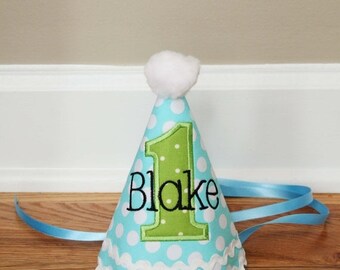 Boys First Birthday Party Hat - Darling aqua and green dots - Free personalization