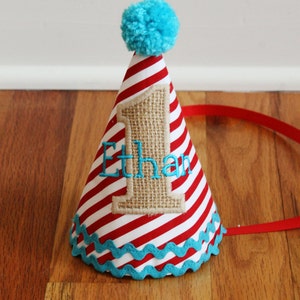 Boys 1st Birthday Circus Party Hat red stripes, burlap, and aqua Free personalization Circus Birthday First birthday circus image 1