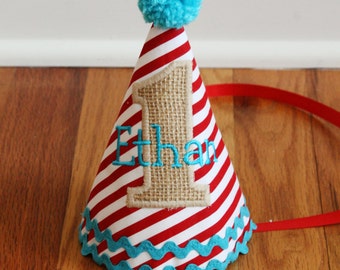 Boys 1st Birthday Circus Party Hat - red stripes, burlap, and aqua - Free personalization - Circus Birthday - First birthday circus