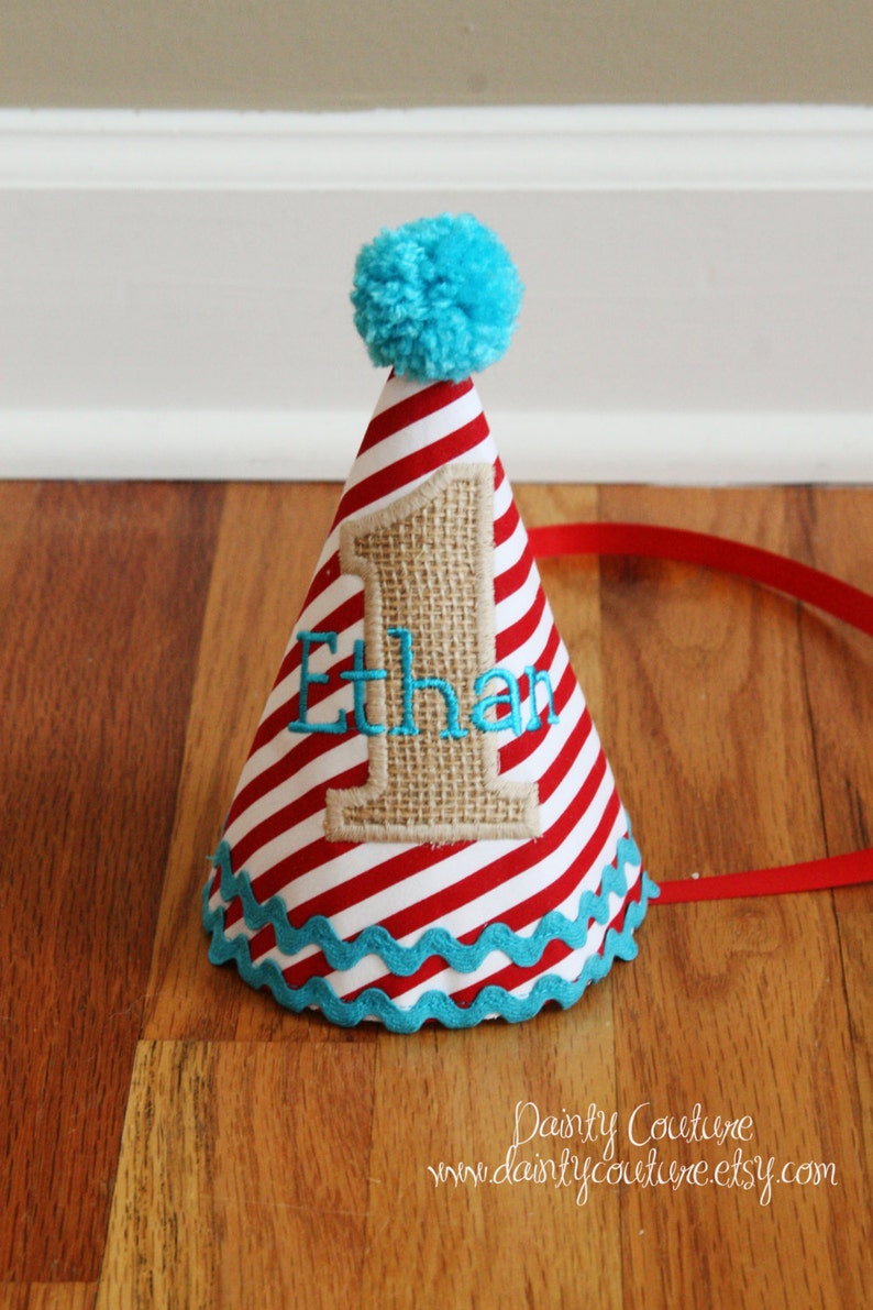 Boys 1st Birthday Circus Party Hat red stripes, burlap, and aqua Free personalization Circus Birthday First birthday circus image 1