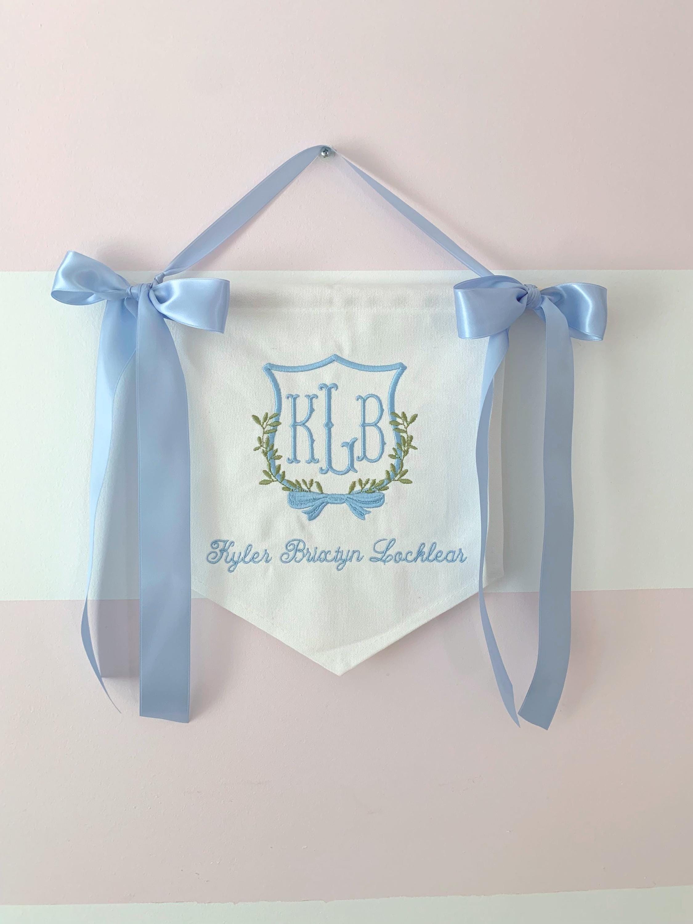 Custom Baby Name Banner | Hospital Sign | Welcome Boy Birth Announcement | Crest Stork Frame | Bow Handmade Embroidery