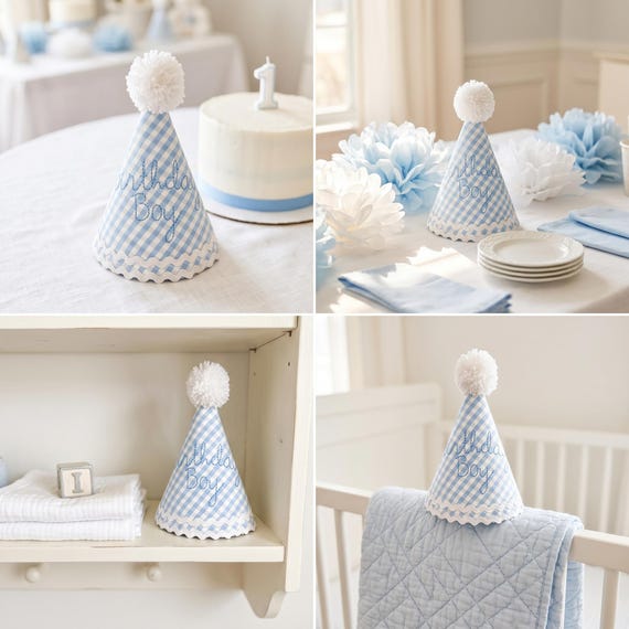 Party Hat | Boy First Birthday - Birthday Boy - Boy party hat - SHIPS NEXT day - Blue gingham birthday - Boy birthday hat