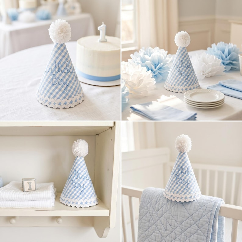May include: A cone-shaped party hat featuring a light blue and white gingham pattern, topped with a white pom-pom. The hat is embroidered with the text "Birthday Boy" in blue script and finished with a white scalloped trim along the bottom edge.