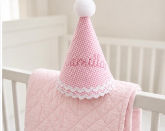 Personalized First Birthday Party Hat – Handmade Baby Girl Heirloom Embroidered 1st Birthday – Custom Birthday Keepsake - Pink Girl Birthday