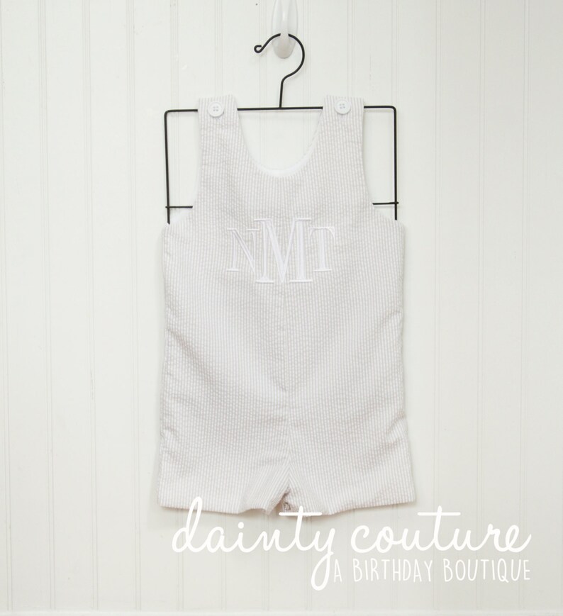 Boy Easter Outfit Tan monogrammed Seersucker Shortall jon jon romper free personalization Khaki or tan striped cotton shortall