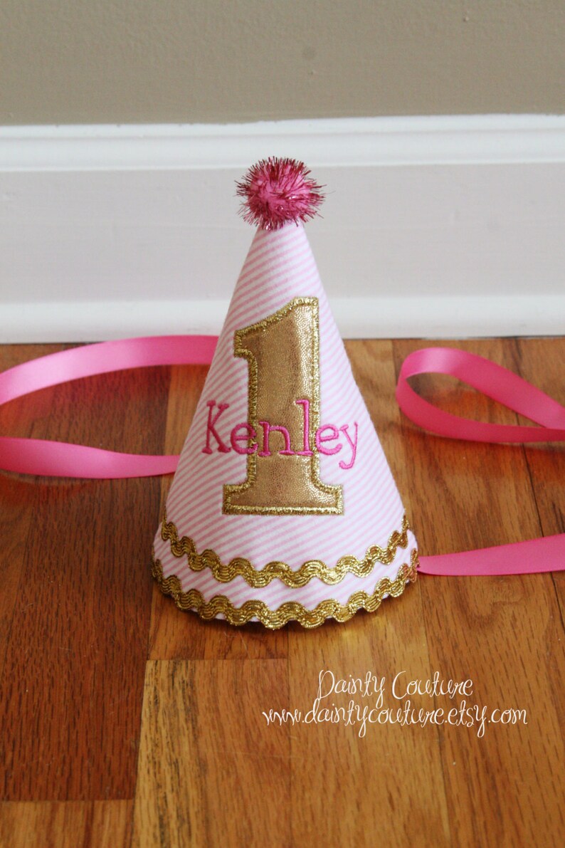 Girl first birthday hat Pink girl birthday Custom party hat Handmade birthday hat Personalized party hat Baby keepsake image 1