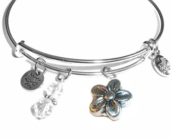 FLOWER Bangle Bracelet- Expandable Message Charm Bangle Cuff Bracelet, Comes in a Gift bag.