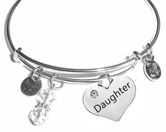 Daughter Bangle Bracelet- Expandable Message Charm Bangle Cuff Bracelet, Comes in a Gift bag.