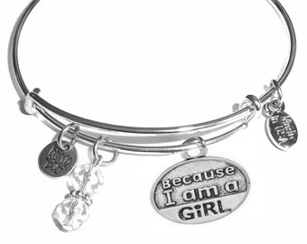 Because I Am A Girl - Expandable Message Charm Bangle Cuff Bracelet, Comes in a Gift bag.