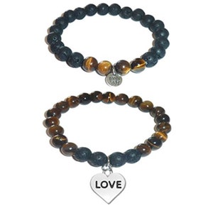 LOVE Charm Bracelet Set by Hidden Hollow - Tigers Eye - Stone - Black Lava Essential Oils Diffuser Stretch Bracelets - Set of 2 Bracelets