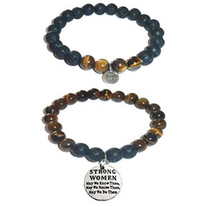Strong Women Bracelet Set by Hidden Hollow - Tigers Eye-Stone - Black Lava Essential Oils Diffuser Stretch Bracelets - Set of 2 Bracelet