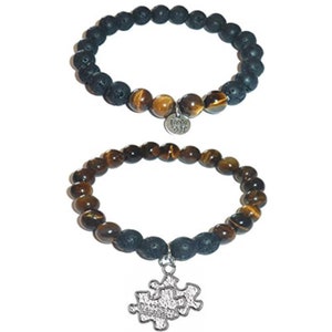 Autism Charm Bracelet Set by Hidden Hollow - Tigers Eye-Stone - Black Lava Essential Oils Diffuser Stretch Bracelets - Set of 2 Bracelet